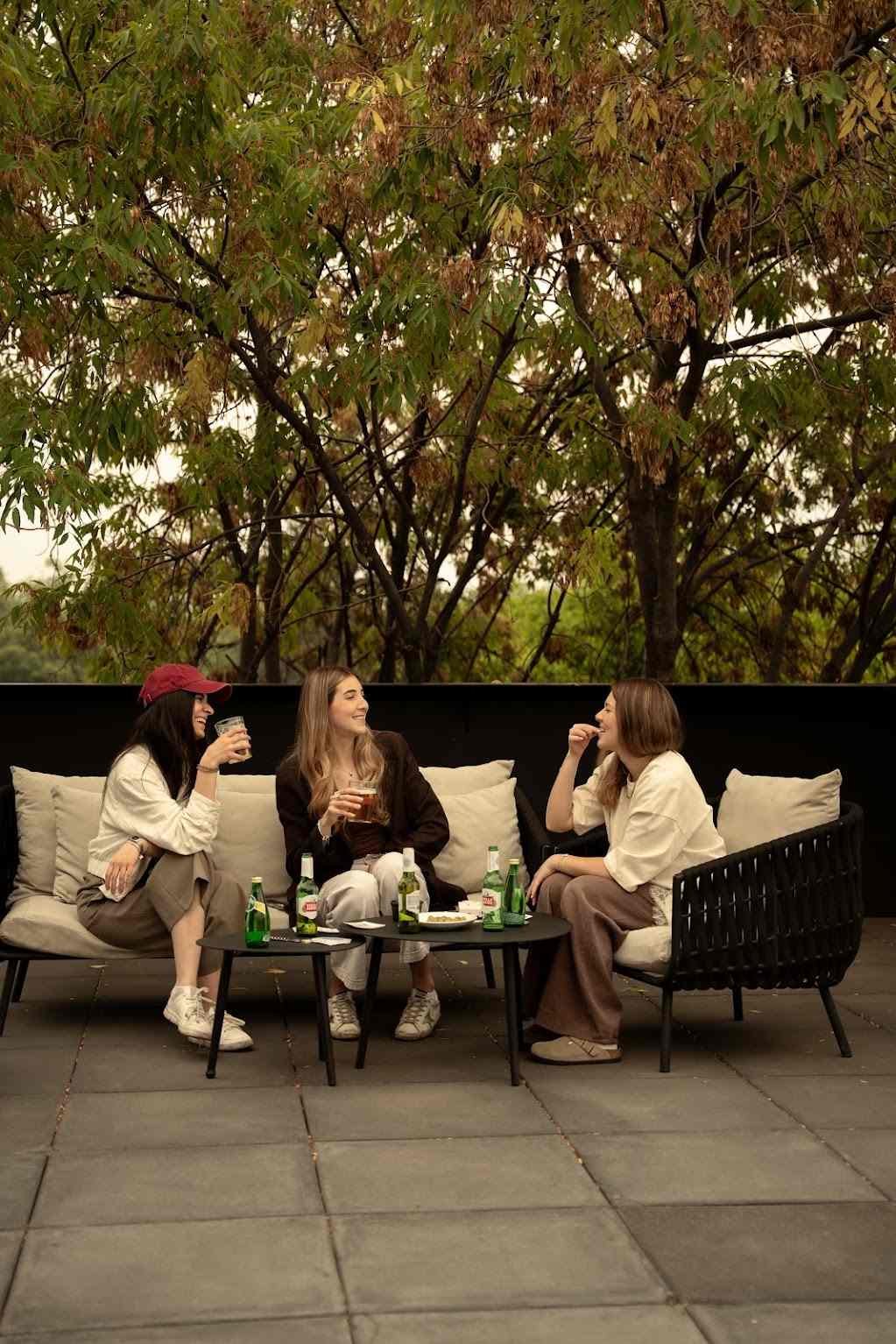 Friends on the rooftop terrace surrounded by treetops